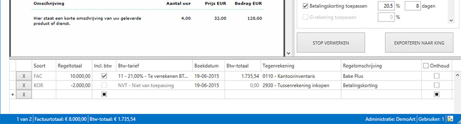 Betalingskorting verwerken in Factuur2King